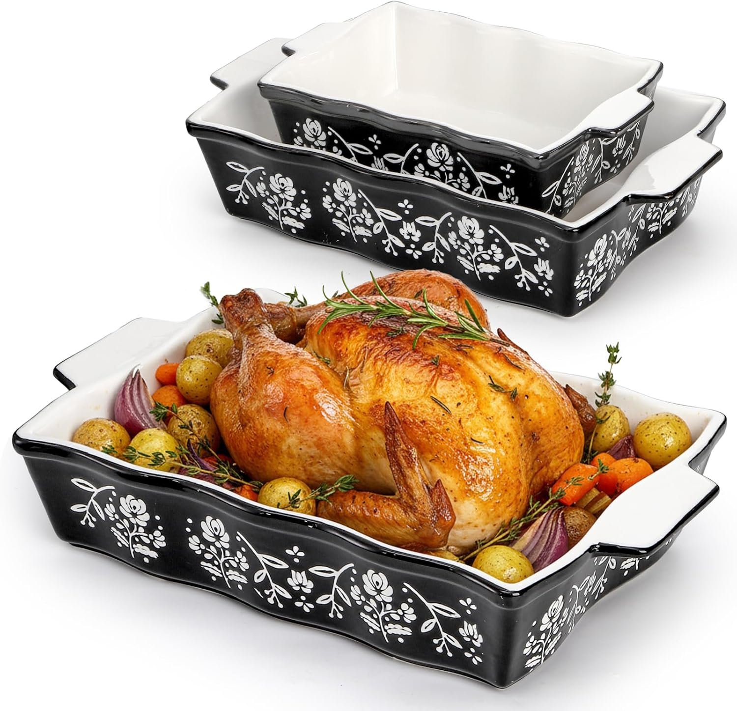 Bekith Casserole Dishes for Oven, Ceramic Baking Dishes with Handles, Ceramic Bakeware Set of 3, Rectangular Lasagna Pan Deep for Baking Cake Kitchen, Black (9″/12.3″/13.9″)