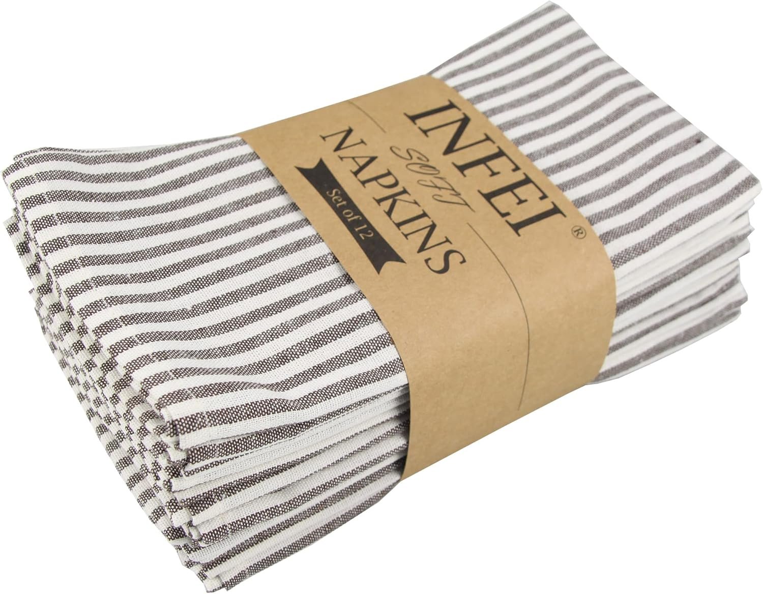 Plain Striped Cotton Linen Blended Dinner Cloth Napkins – Set of 12 (40 x 30 cm) – for Events & Home Use (Brown)