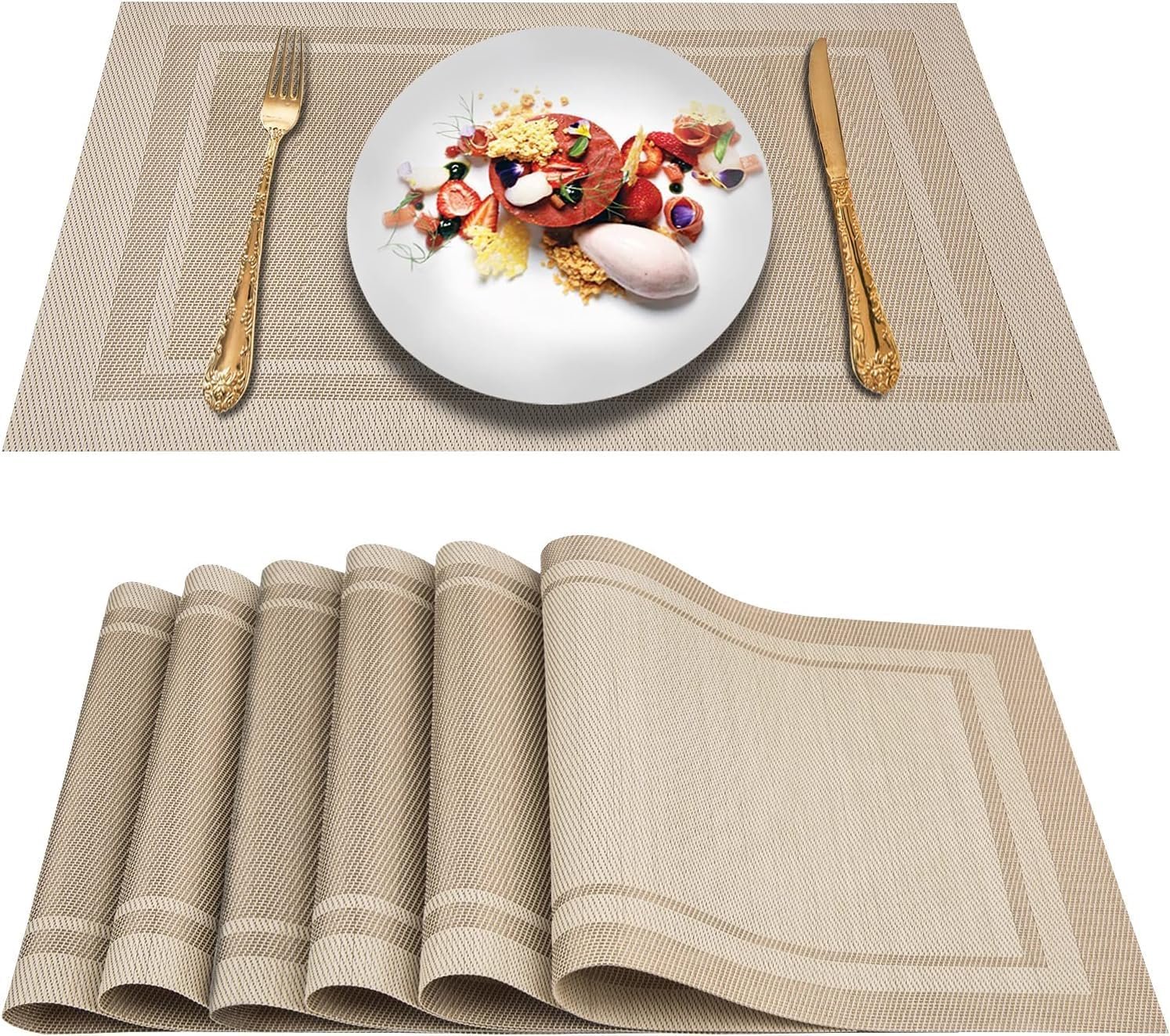 DACHUI Placemats Set of 6, Linen Look Woven Place Mats, Water Resistant, Heat Resistant, Washable, Durable Table Mats (Beige)