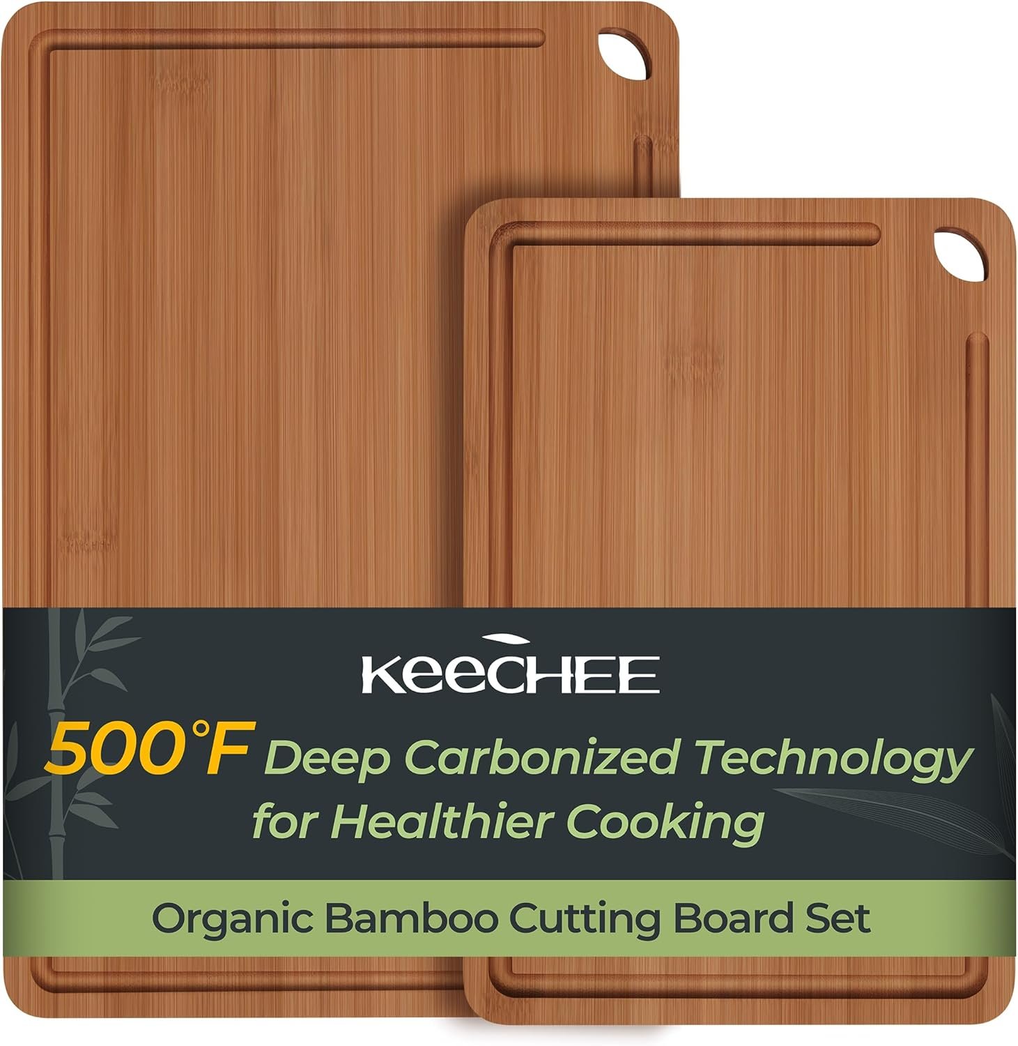 Keechee Butcher Block 2-Pcs Carbonized Bamboo Cutting Board Set With Juice Groove For Meal Prep & Cheese Serving – Ideal Kitchen Gift Set of 2 (M+L)