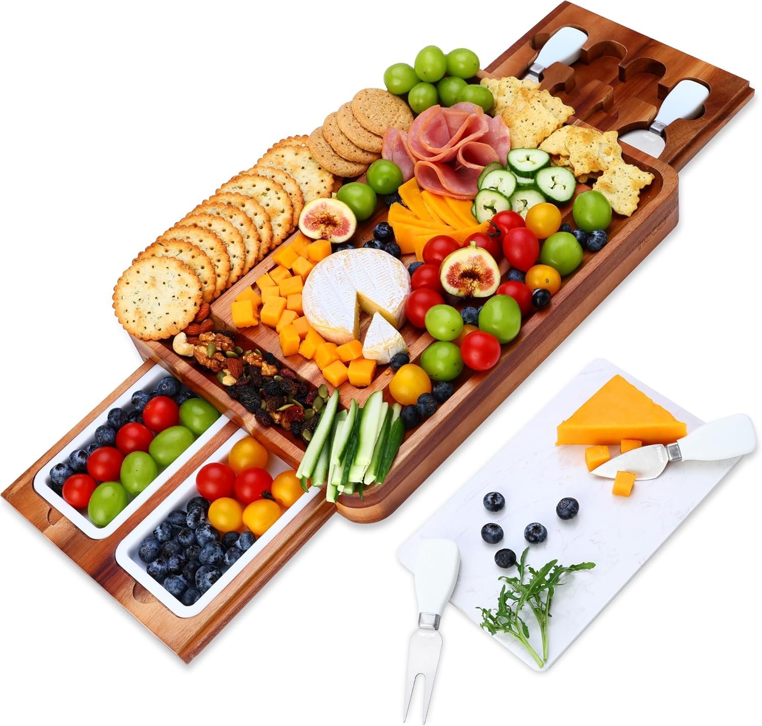 hecef Cheese Board Set Acacia Wood – Large Charcuterie Board with Stainless Steel Knife Set, Thick Wooden Server – Fancy House Warming, Birthday Choice for Gourmets, Feast, Cheese Serving