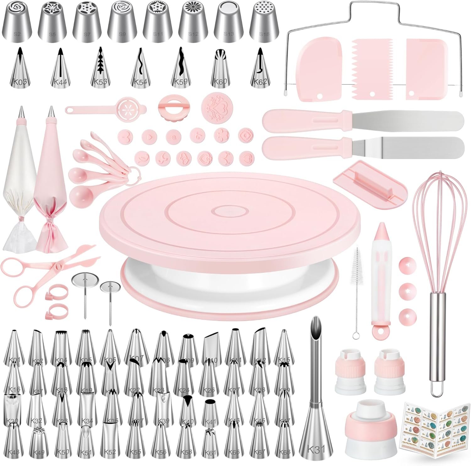 Kootek 158PCs Cake Decorating Kit, Baking Supplies Tools – Includes Cake Stand Turntable, 64 Icing Piping Tips Set, 2 Frosting Spatulas, 3 Scrapers, 50+2 Pastry Bags, Coupler, Video Tutorial, Booklet