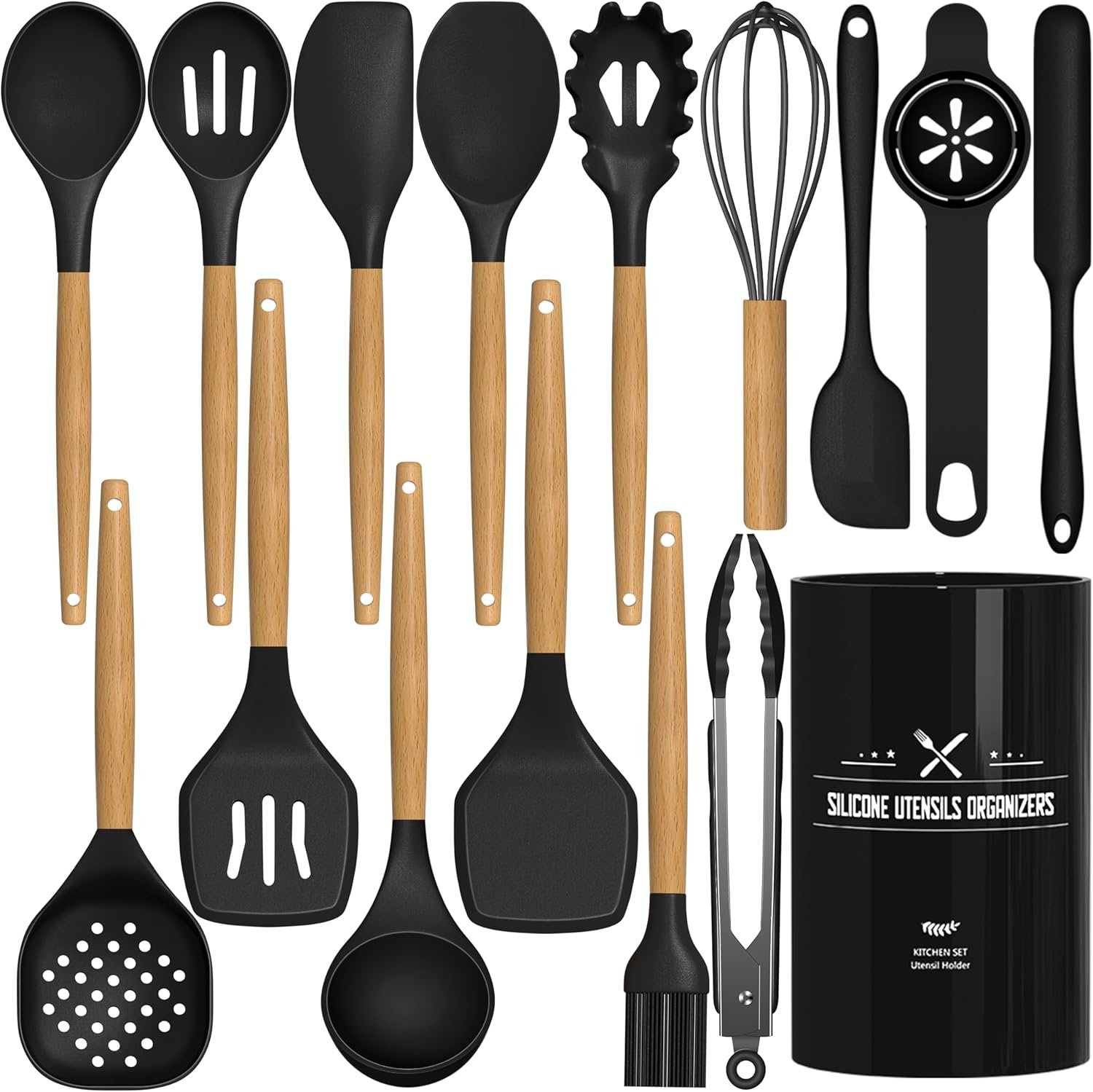 Kitchen Utensils Set, AIKKIL16 Pcs Cooking Utensils Set with Holder, Heat Resistance, Black Wooden Handle Silicone Kitchen Gadgets Utensil Set for Nonstick Cookware