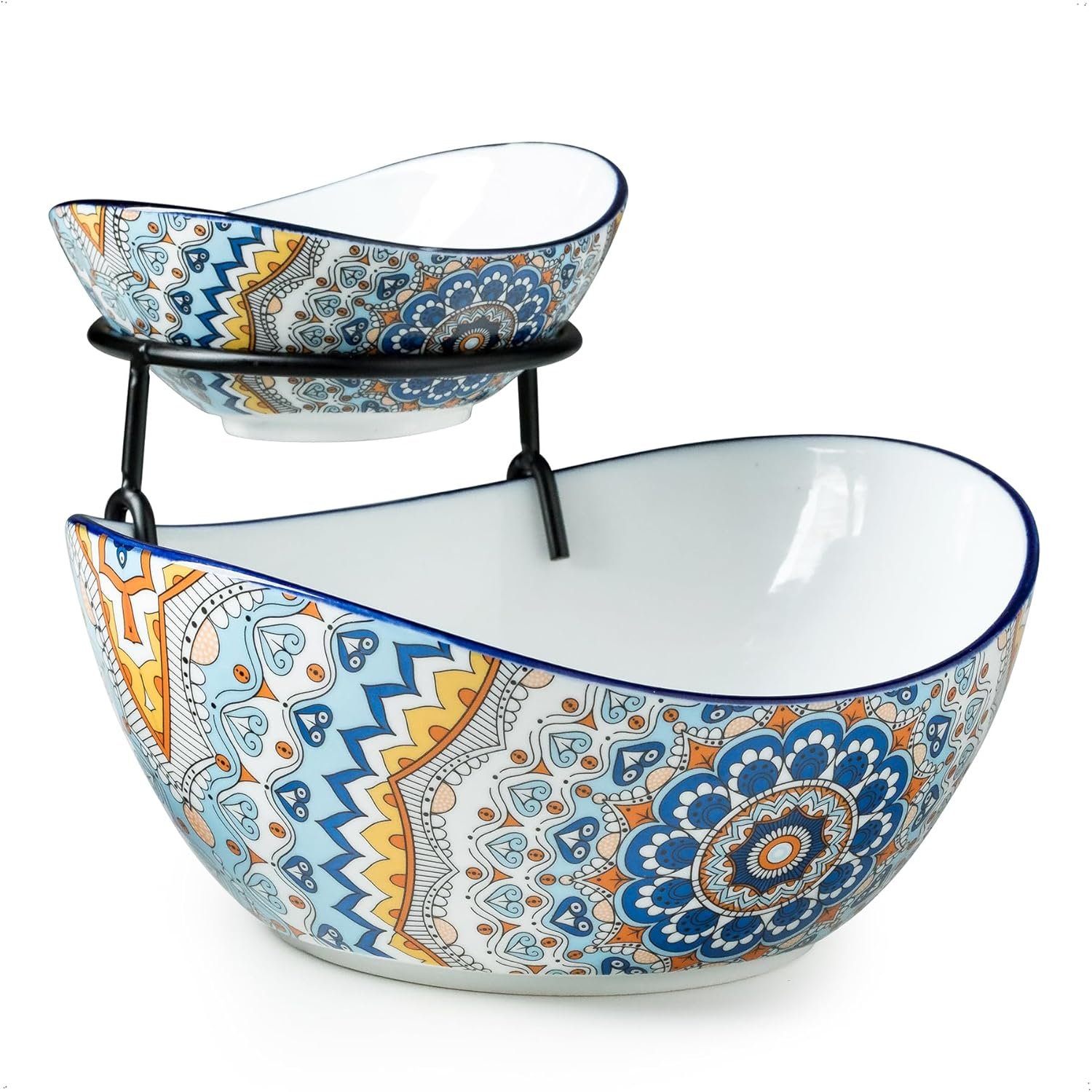 YHOSSEUN Chip and Dip Serving Set, 2 Tierd Serving Bowl Set Ceramic Chip and Dip Bowls with Stand, Serving Dishes for Entertaining Appetizer Serving Food Display Stand for Parties