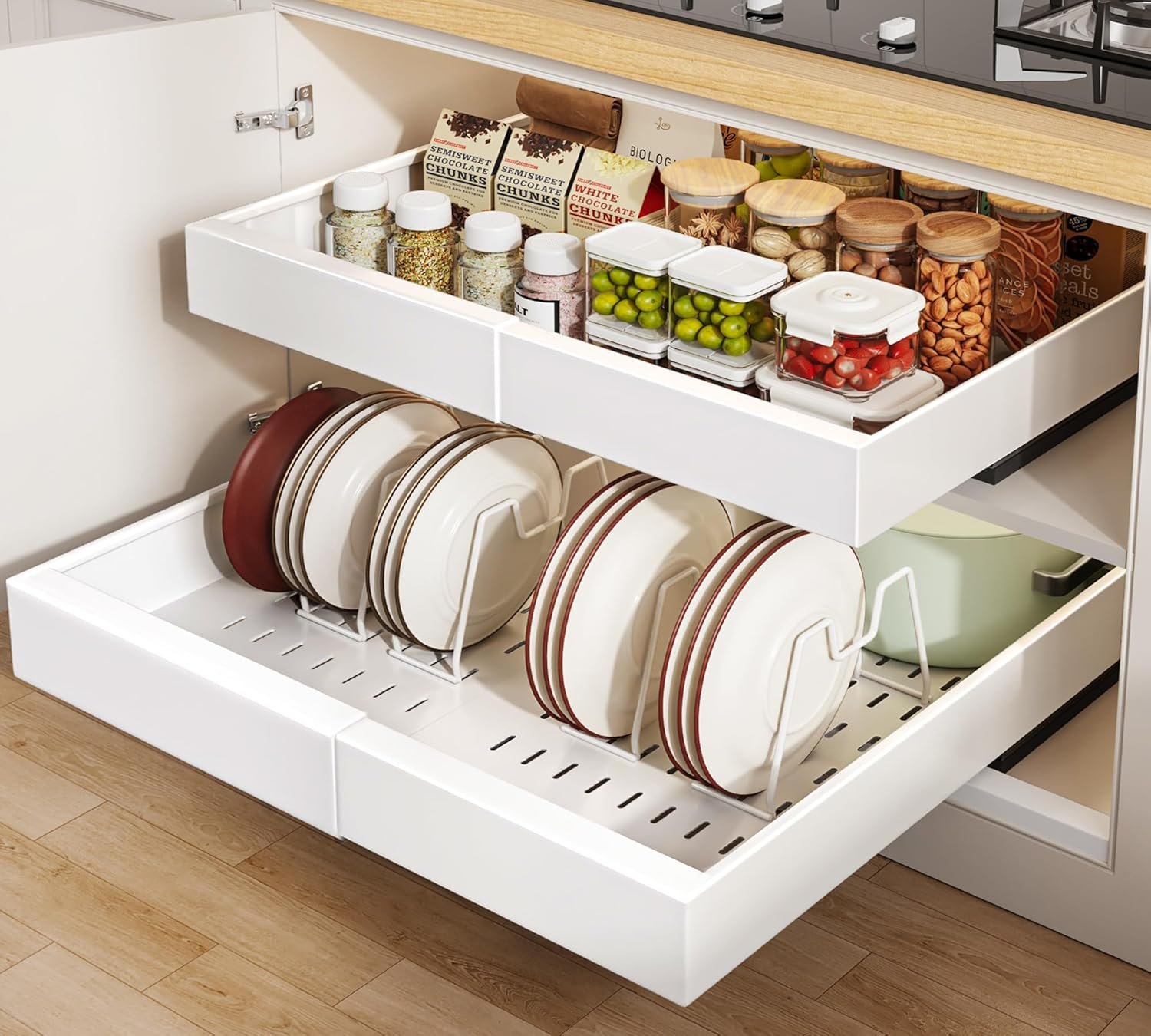 Seinloes 2 Pack Pull out Cabinet Organizer 21″Deep With Raising Pad for Framed Cabinets, Expandable Slide out Drawers for Kitchen Cabinets with 4pcs Divider Racks, Roll out Shelves 12.1″-20.4″ W White