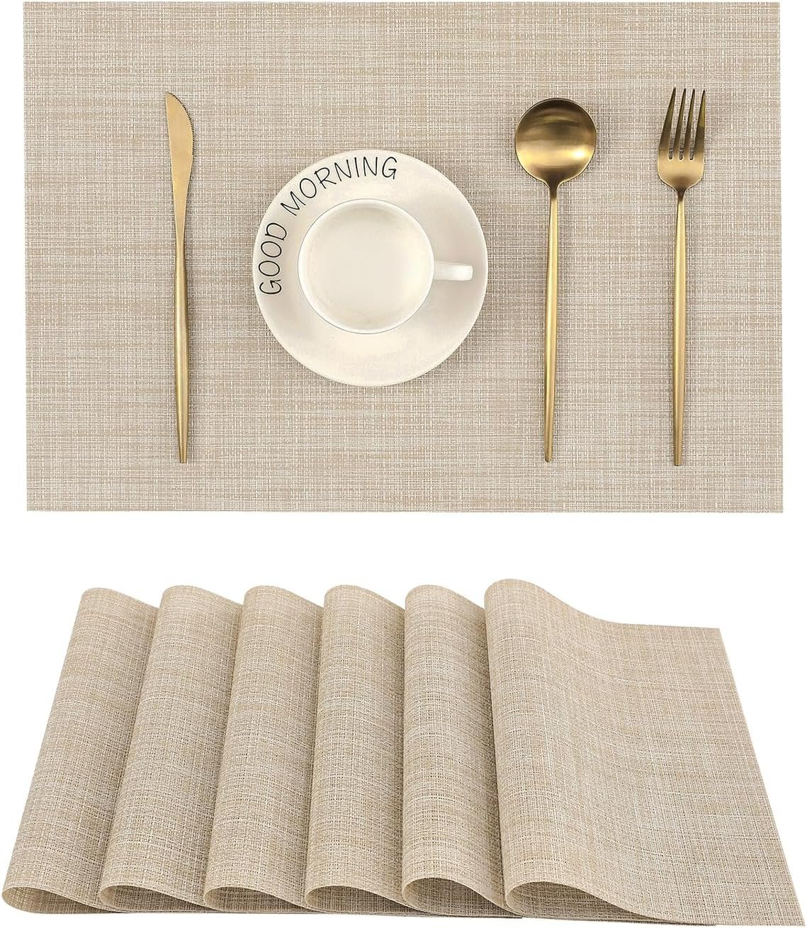 Leetaltree Beige Placemats Set of 6 – Heat Resistant Non-Slip Place mats for Dining Table, Washable Durable PVC Vinyl Woven Table Mats(Beige, 6)