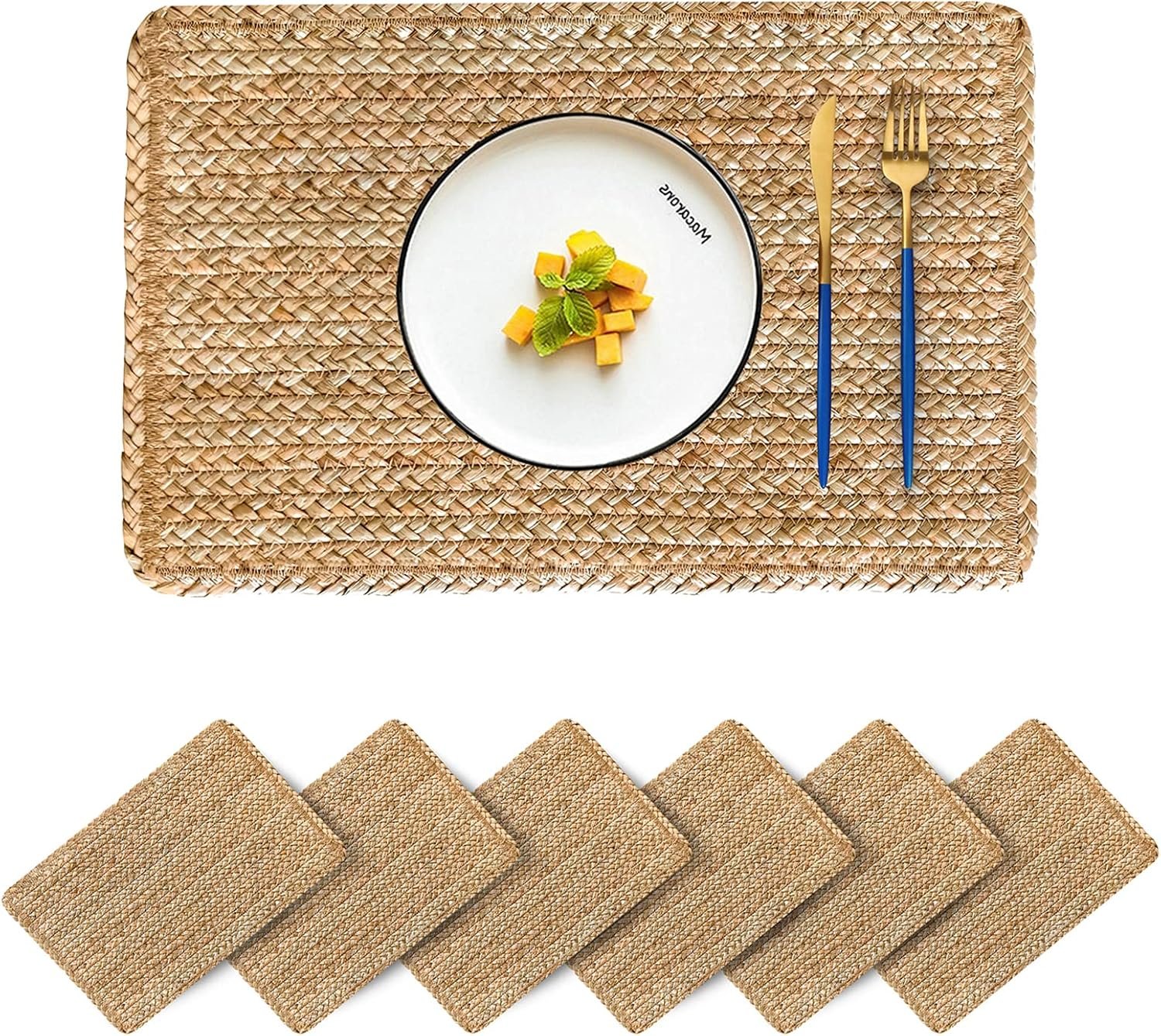 Woven Placemats Set of 6 Rattan Placemats Rectangle Natural Placemats Wicker Heavy Braided Straw Placemat Farmhouse Square Plates Place mats for Indoor/Outdoor Patio Table 17.7” X 11.8”