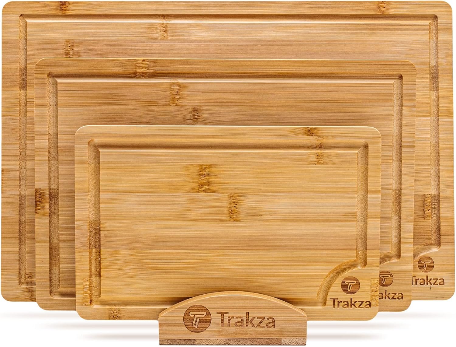 Bamboo Cutting Board Set – Durable Kitchen Cutting Boards For Chopping Fruit, Meat, Cheese, Veggies – Deep Juice Grooves, Side Handles, Easy To Use & Clean – With Storage Holder – 9″, 12″, 15″