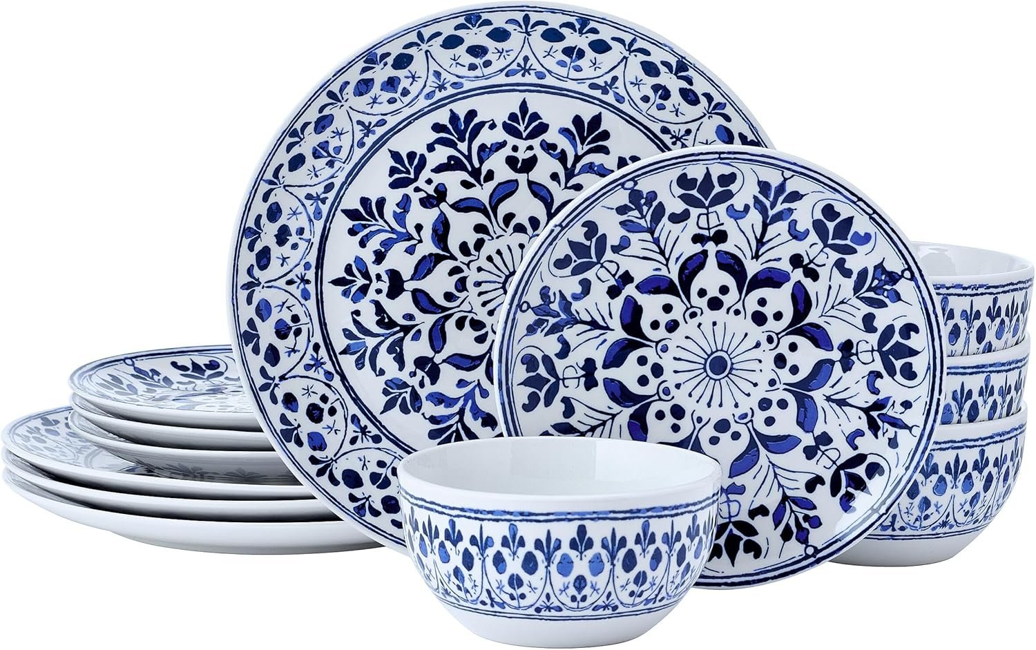 Pfaltzgraff Medallion Radiance 12 Piece Stoneware Dinnerware Plate Bowl Dish Set, Service for 4, Blue