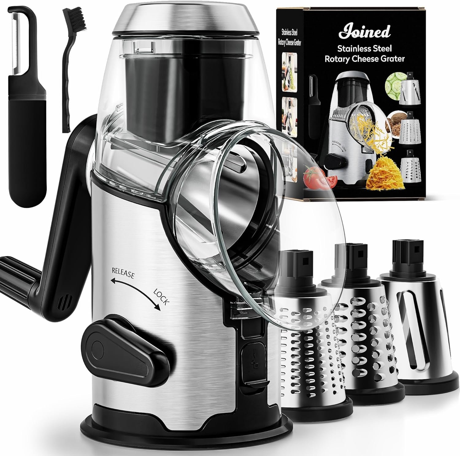 Joined Rotary Cheese Grater with Handle – Mandoline Slicer with 3 Stainless Steel Drum Blades-Vegetable Slicer Walnuts Grinder Cheese Shredder Round Mandoline with Peeler