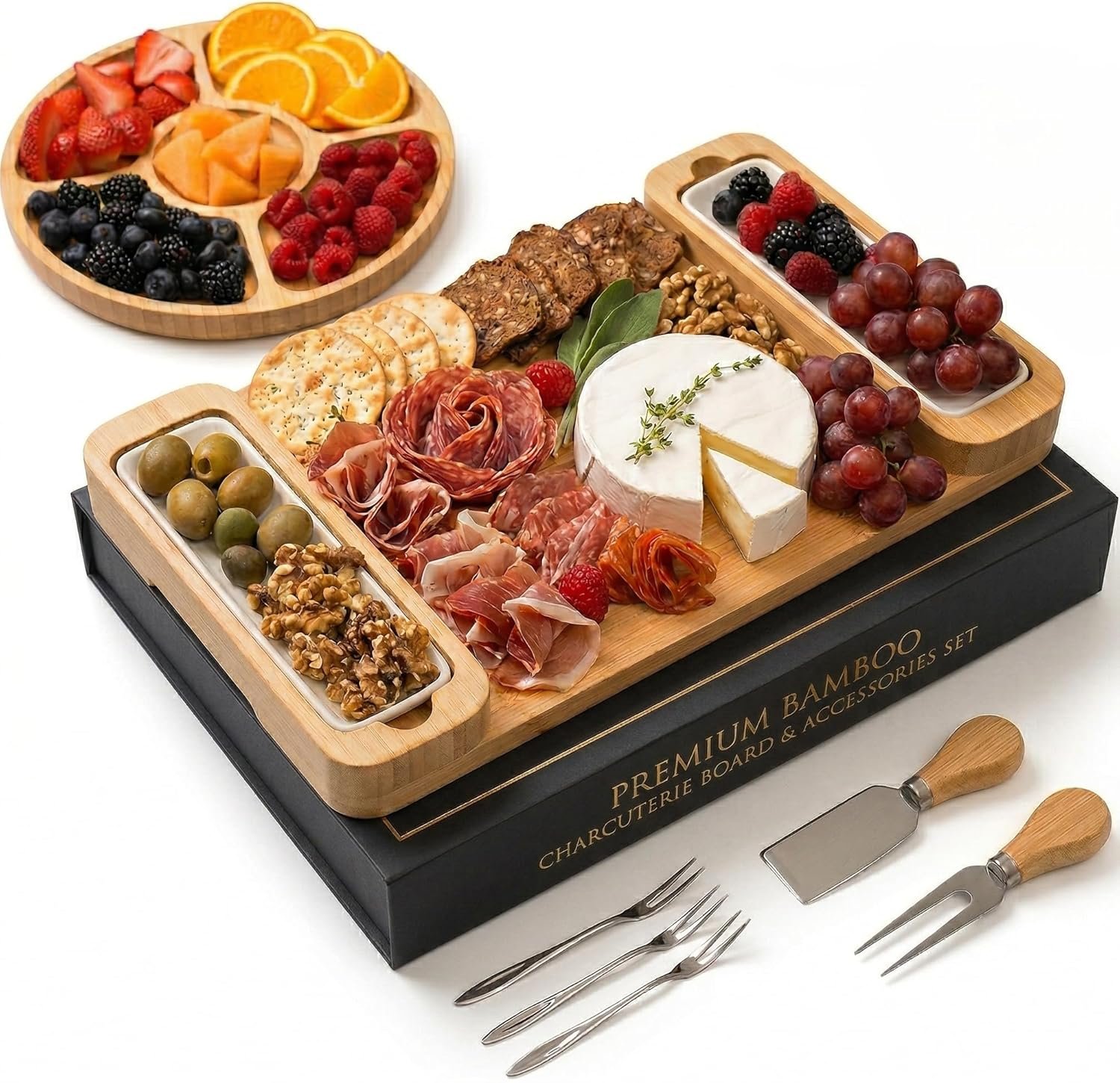 Charcuterie Boards – Large Bamboo Cheese Board Gift Set with Serving Tray, Knives & Bowls for Meat, Cheese & Crackers – House Warming Gifts New Home, Wedding Gift for Couple, Birthday Gifts for Women