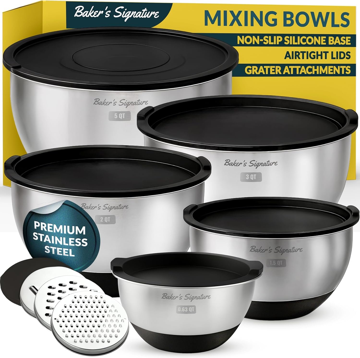 Baker’s Signature Stainless Steel Mixing Bowls with Lids Set, 5 Sizes, 3 Graters, Non-Slip Base, Airtight Lids, Metal Mixing Bowls for Kitchen, Food Prep, Storage, 0.63QT-5QT, Black
