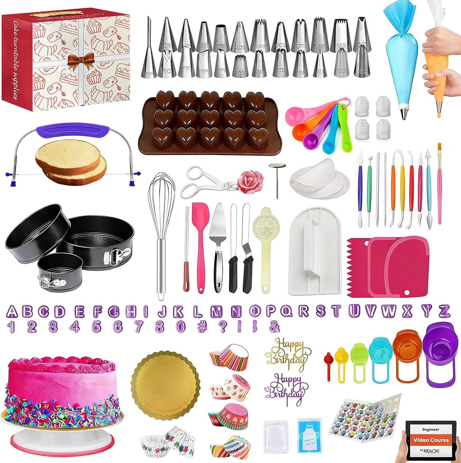 720PCS Cake Decorating Kit with Baking Supplies – Cake Turntable for Decorating with Baking Pans, Leveler, 24 Numbered Piping Tips, 2 Spatulas, Fondant Tools, Video Course, Pattern Chart & More