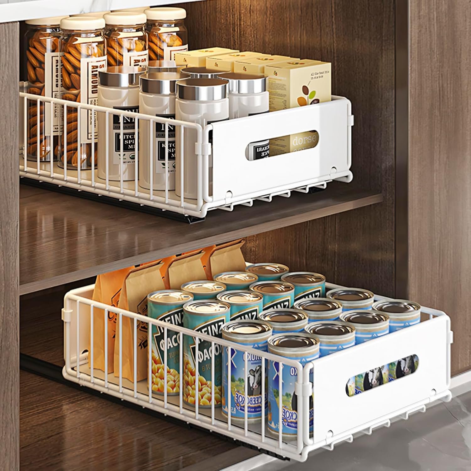 Pull Out Cabinet Organizer, 2 Pack Heavy Duty Slide Out Drawers Pantry Shelves Fixed With Strong Adhesive Glue and Handle for Kitchen, Living Room, Bathroom, Home (14.8″ D X 9.6″ W X 3.9″ H)