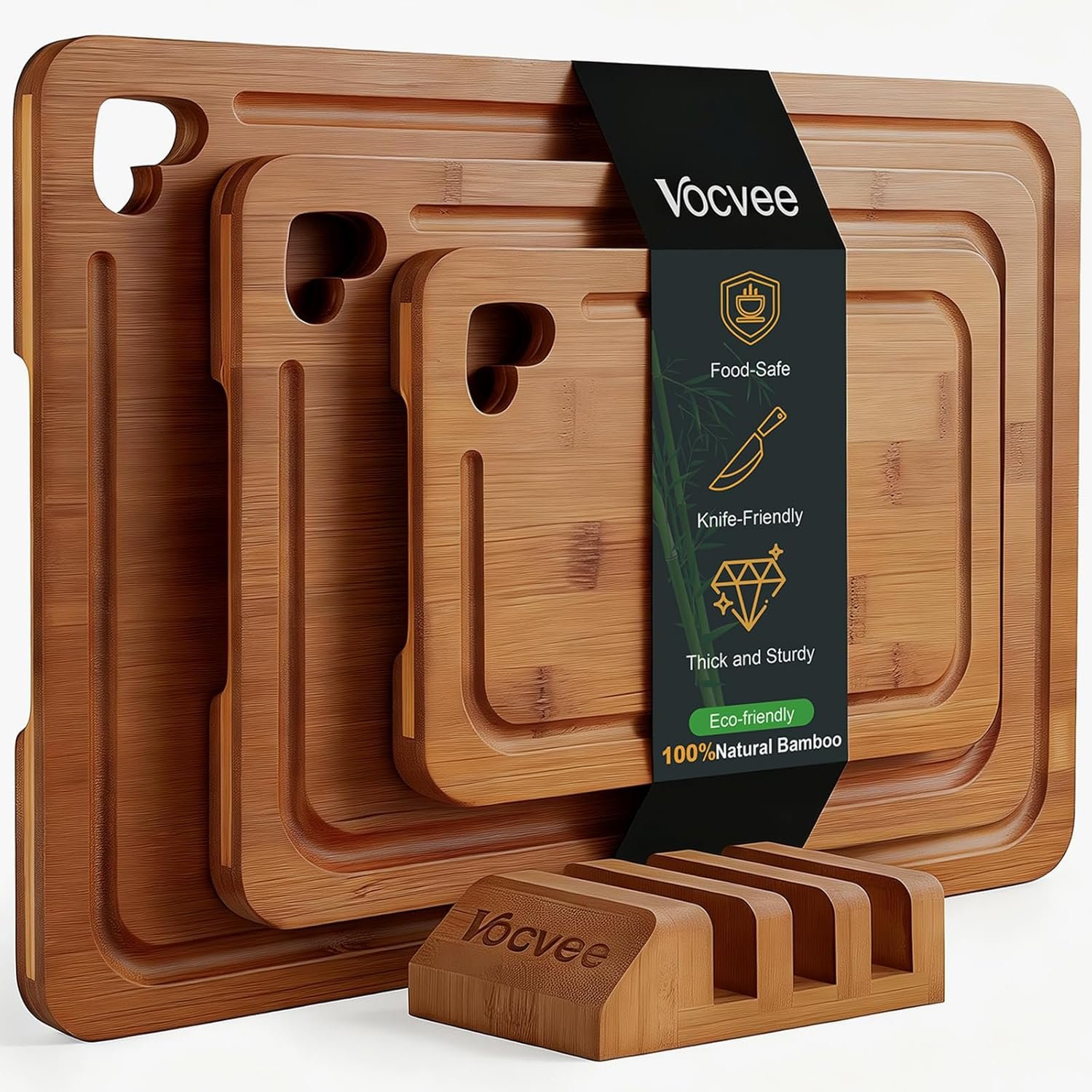 Bamboo Cutting Boards for Kitchen(Set of 3), Wood Cutting Board with Wood Storage Stand, Charcuterie & Chopping Board for Vegetables and Meat, with Deep Juice Groove, Ideal Kitchen Gifts