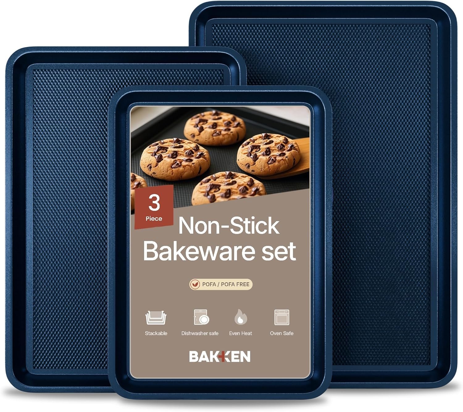 BAKKEN Kitchen Baking Pan – Small, Medium, and Large Cookie Sheet (13.58×9.65, 15.75×11, 17.91×12.60), Nonstick, Diamond Texture Bottom, PFOA, PFOS, PTFE Free, Oven Safe Tray (450°F), Pack of 3, Blue