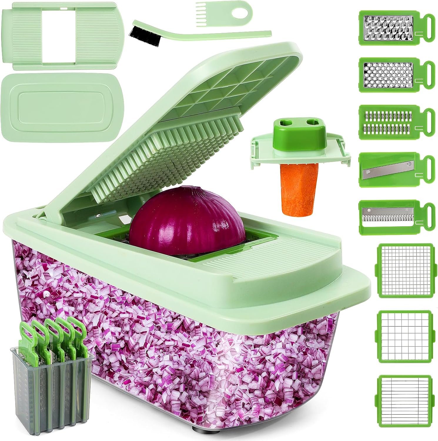 Vegetable Chopper 16-in-1 Multifunctional Kitchen Gadgets – 8 Blades Onion Chopper with Container, Food Spiralizer Slicer Dicer Grater Shredder, Vegetable Cutter for Salad/Coleslaw/Meat/Nuts