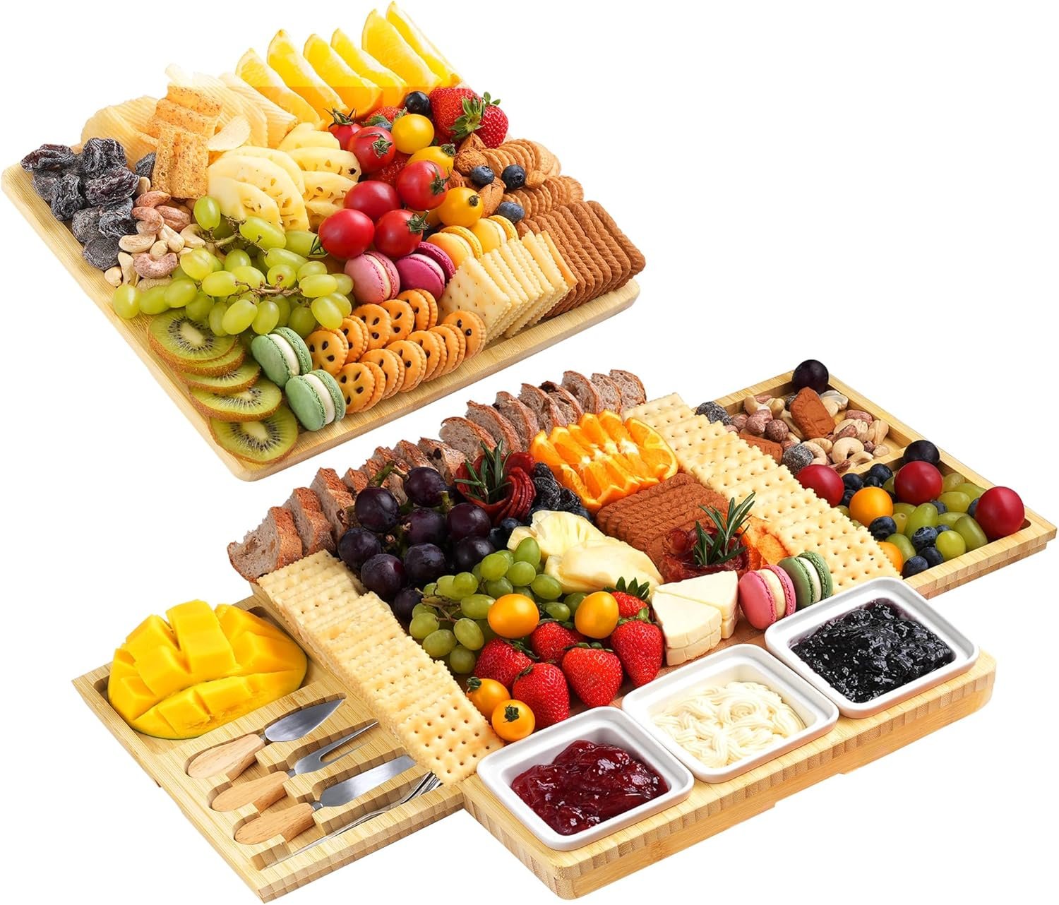 Large Charcuterie Board Set with Knife Set, 12.6″ × 11.2″ Square Fruit Tray, Bamboo Cheese Platter (Double-Drawer), Great for Group Gatherings, House Warming Gifts New Home, Birthday Gifts for Women