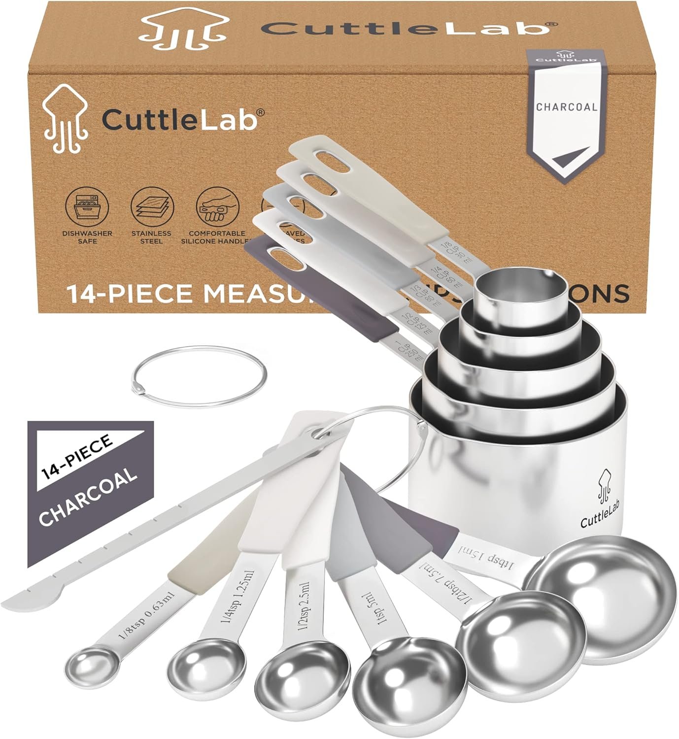 Measuring Cups and Measuring Spoons Set of 14 – Stainless Steel Measuring Cups and Spoons Set, Includes 1/8 Teaspoon Measuring Spoon, 1/8 Cup Measuring Cup, Leveler Dry (14, Charcoal)