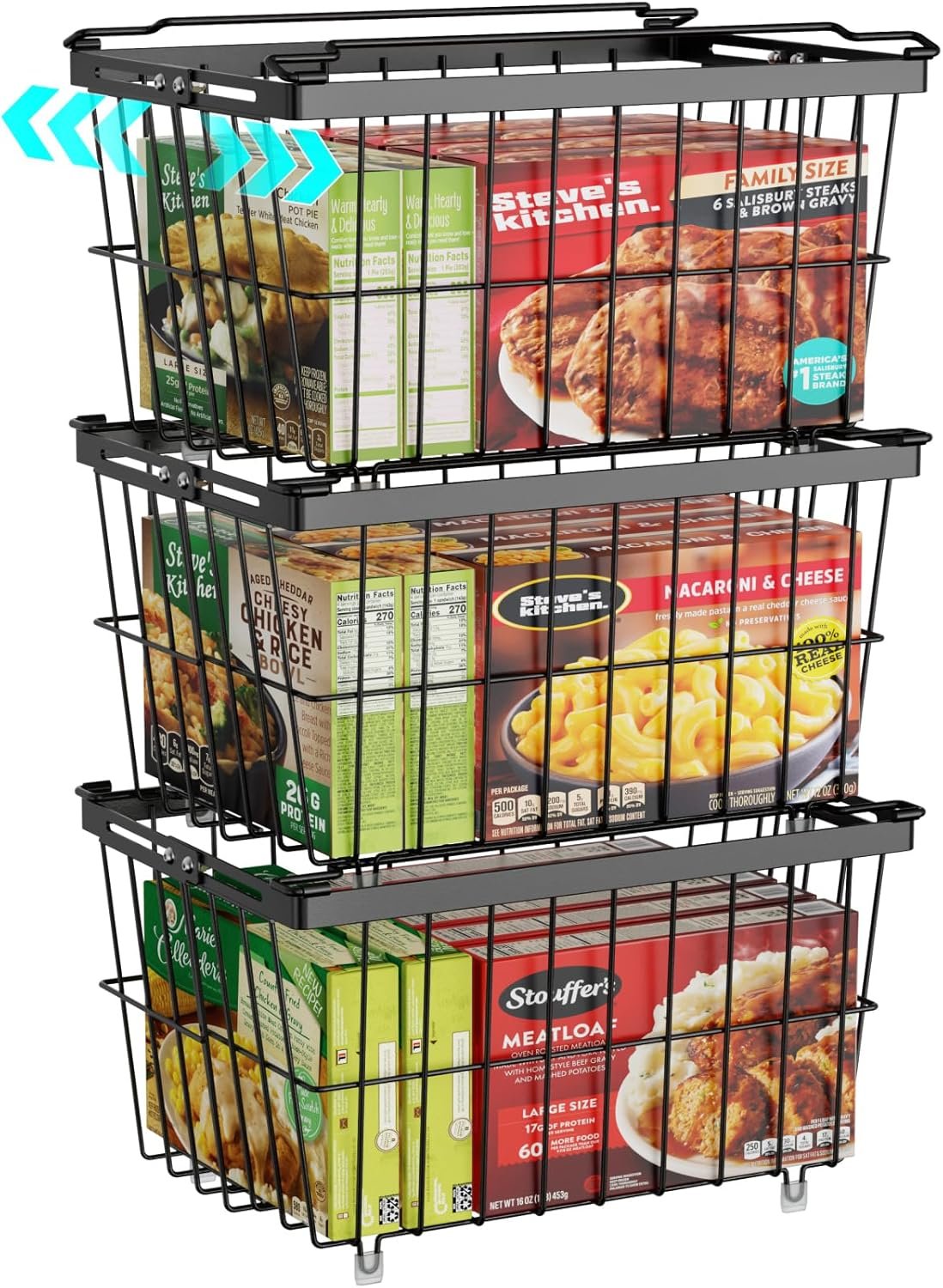 iSPECLE Freezer Organizer Bins – 3 Pack Adjustable Width for 5 to 7 Cu.Ft Chest Freezers, Stackable Freezer Wire Storage Baskets for Deep Freezer Organization, Assembly Required, Black