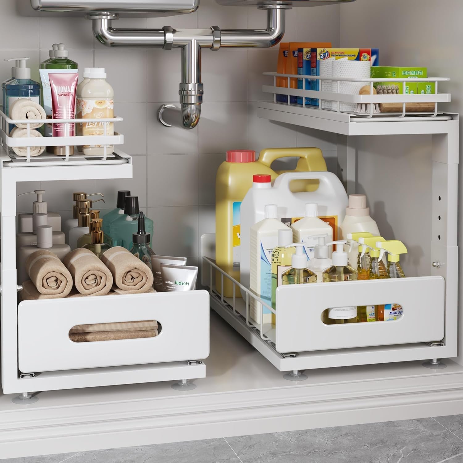 Under Sink Organizer Upgrade To Professional Rails,2-Tier Dual Pull Out Cabinet Storage,Height Adjustable Slide Out Drawers For Bathroom Kitchen,2 Pack-14.5″Dx12.8″-16.9″H,White