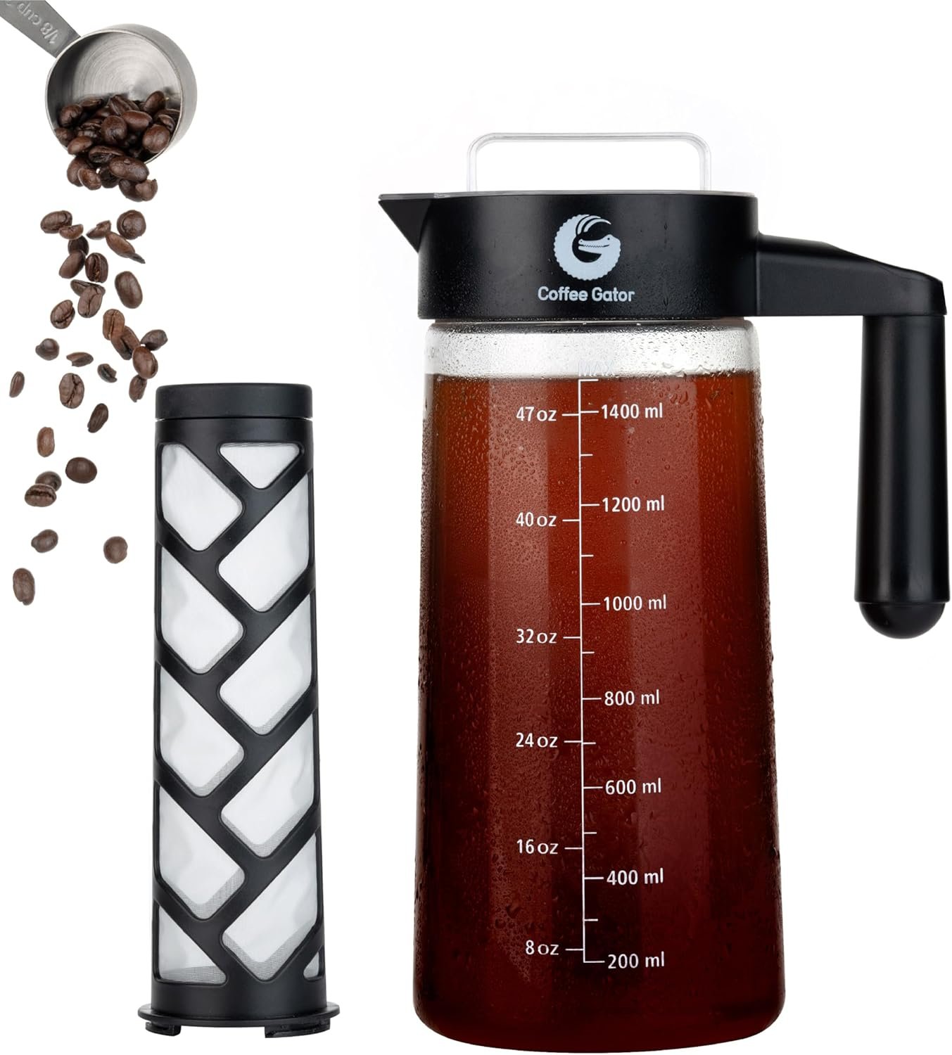 Coffee Gator Cold Brew Coffee Maker – 47 oz Iced Tea and Iced Coffee Maker and Pitcher with Borosilicate Glass Carafe, Filter – Black