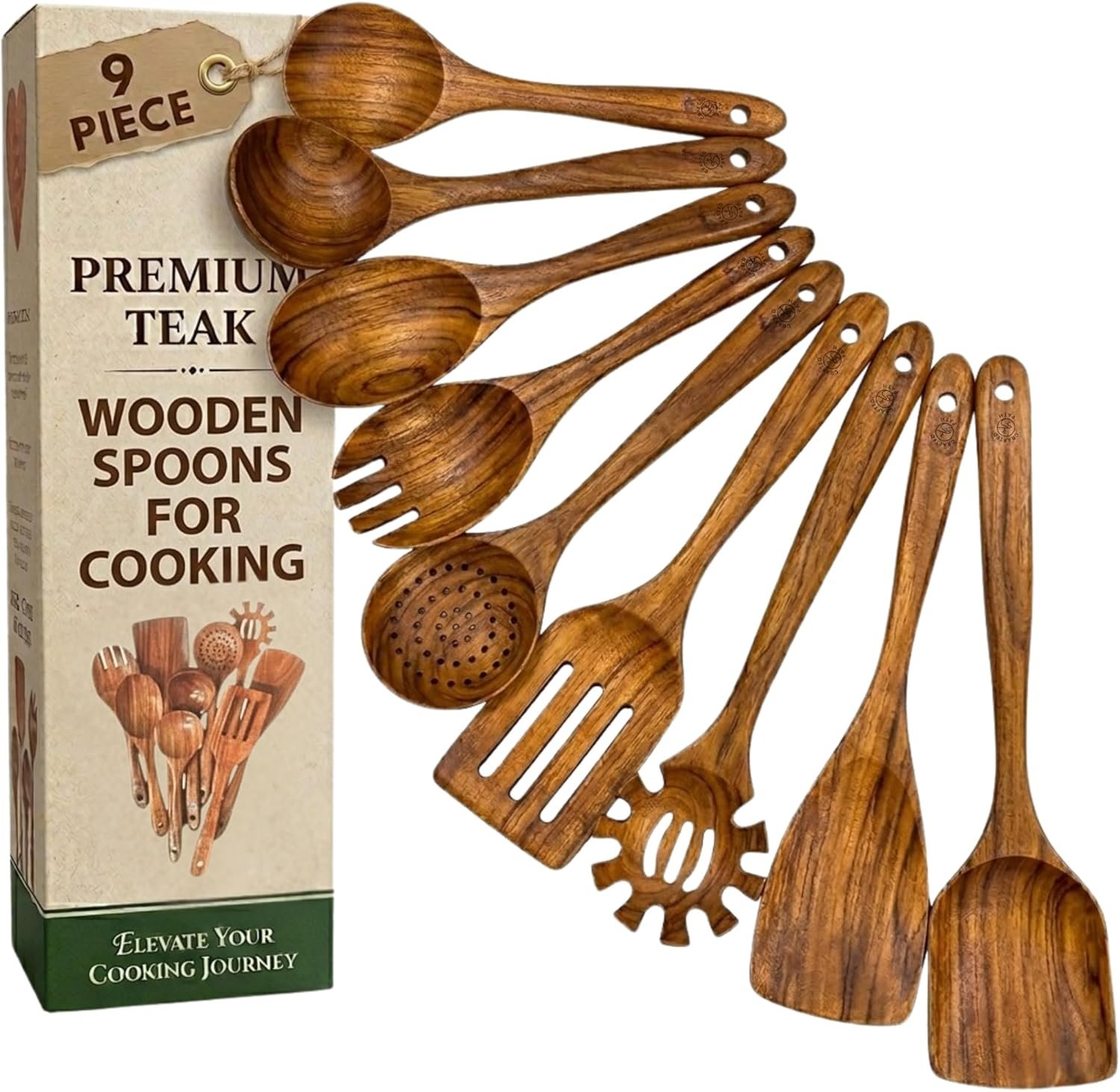 Teak Wooden Utensil Set (9-Piece) – Teak Cooking Utensils for Nonstick Cookware, Teak Wooden Spoons for Cooking & Spatula – Natural Wood Kitchen Utensils by Crafted Path