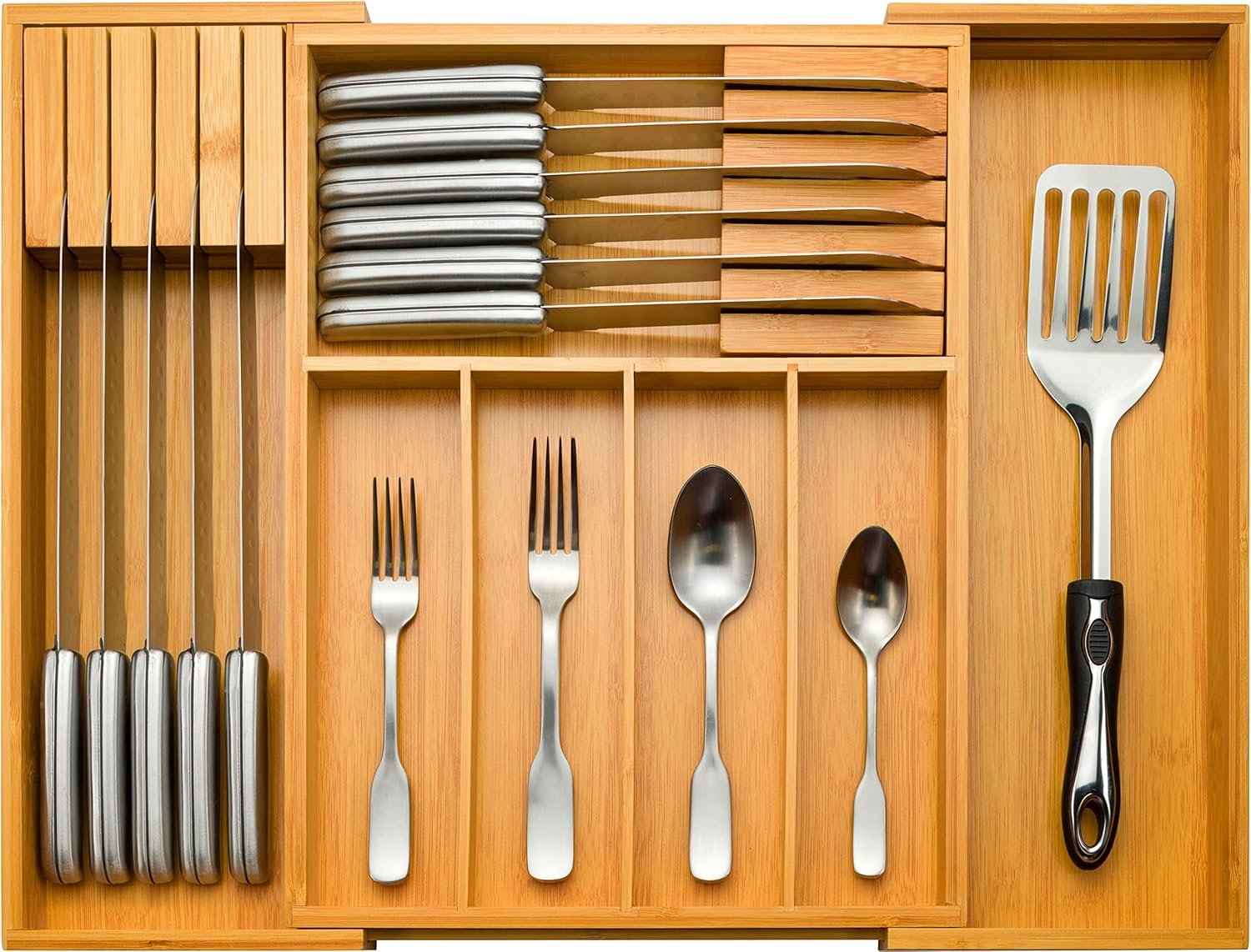 Expandable Drawer Organizer with Knife Block – Bambusi Bamboo Kitchen Utensil & Silverware Organizer, Adjustable Cutlery Tray Divider for Flatware, 7 Compartment Large Drawer Organizer