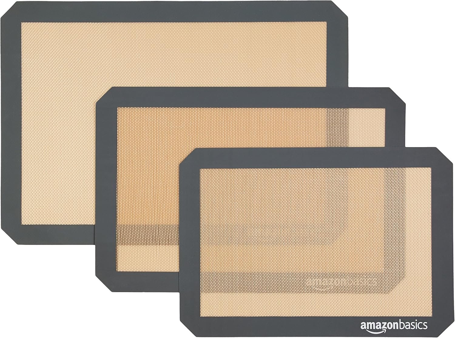 Amazon Basics Rectangular Non-Stick Silicone Baking Mat, Food Safe, Heat Resistant, 9″x13″, 9.9″x14.8″, and 16.5″x11.6″, Beige/Gray, Pack of 3