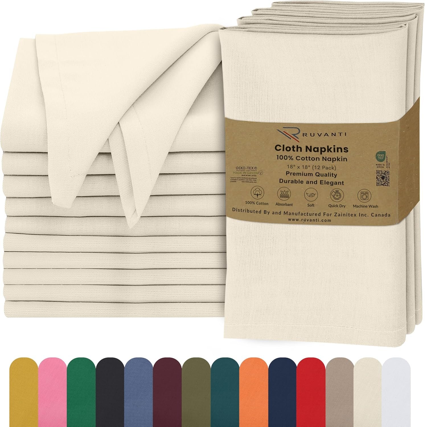 Ruvanti Cloth Napkins Set of 12, 18×18 Inches, 100% Cotton, Washable, Soft & Absorbent, Perfect for Wedding, Christmas, ‎Thanksgiving Dinners – Antique White