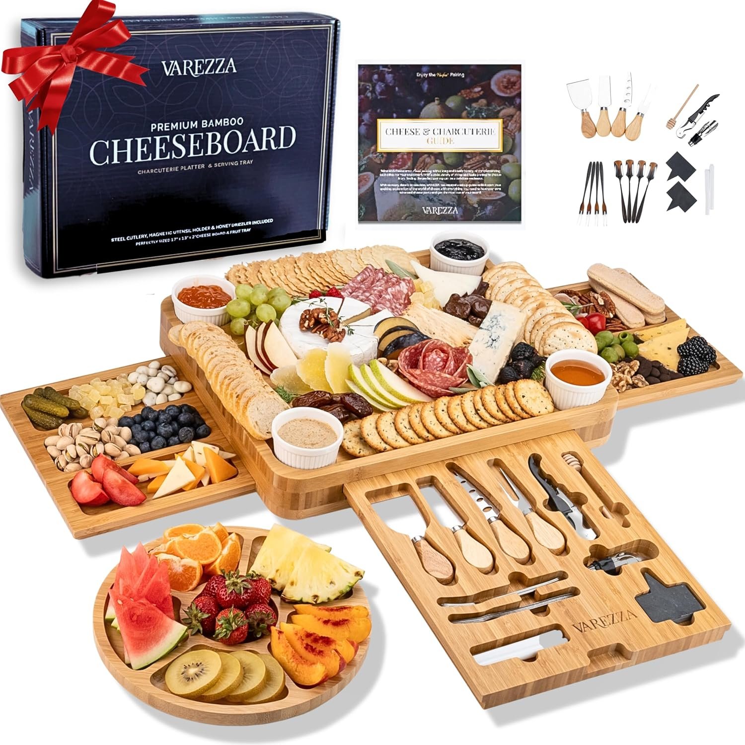 Charcuterie Boards Set – Large Bamboo Cheese Board & Platter with Charcuterie Accessories, Housewarming Gifts for New Home, Christmas, Bridal Shower, New House Gift