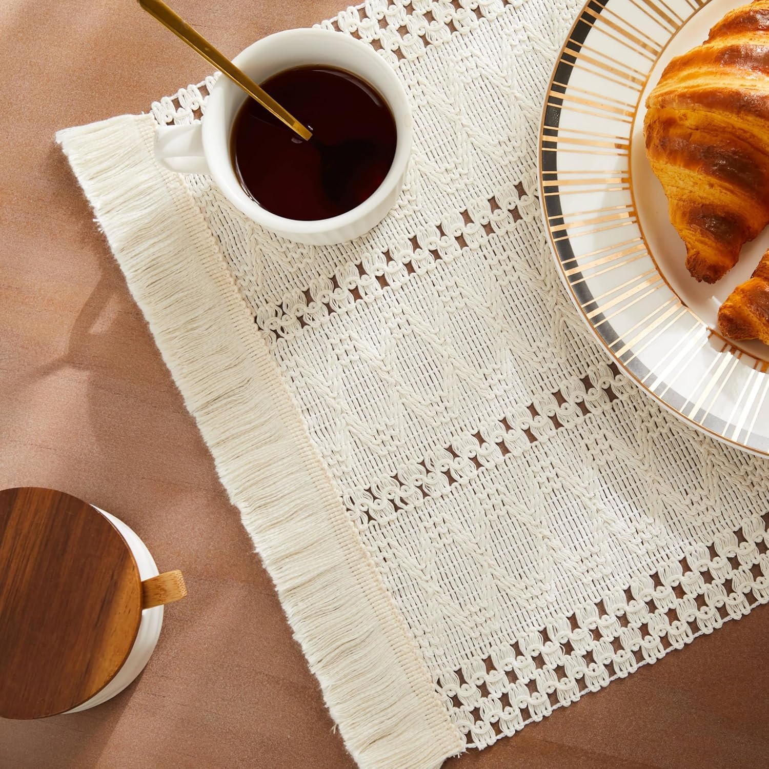 ZeeMart Macrame Style Boho Placemats Set of 6, Ivory Decorative Natural Farmhouse Cotton Woven Place Mats Home Decor for Kitchen Dining Table