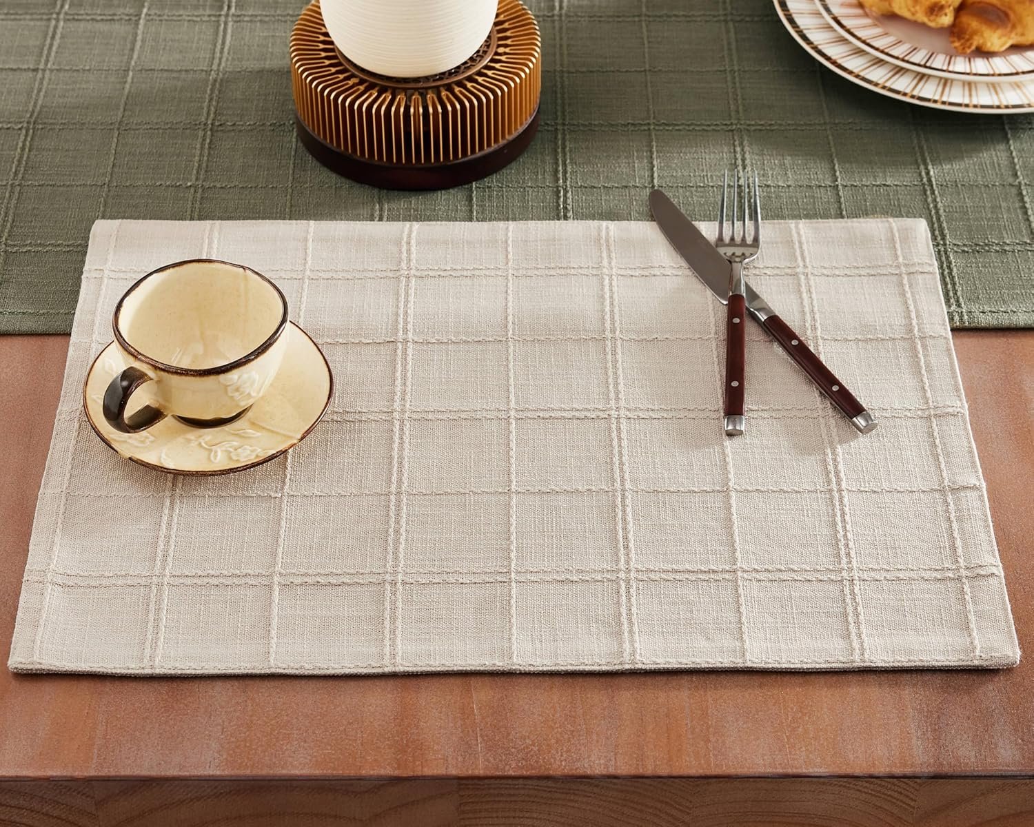 ZeeMart Linen Checked Placemats Set of 6, Plaid Embroidery Textured Table Mats, Double Layer Thick Farmhouse Rustic Place Mats for Kitchen Dining Table Home Decor, Beige 13×19 Inch