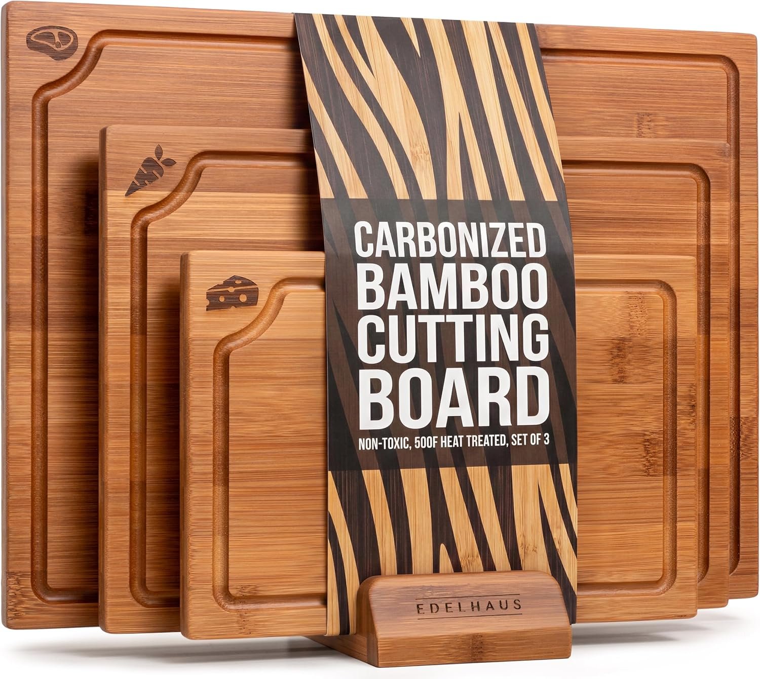 Carbonized Bamboo Cutting Boards – Cutting Board Set of 3 Heat Treated for Rich Color & Lower Moisture Absorption, Chopping Boards with Juice Groove, Non-Toxic, FSC Certified incl. Stand