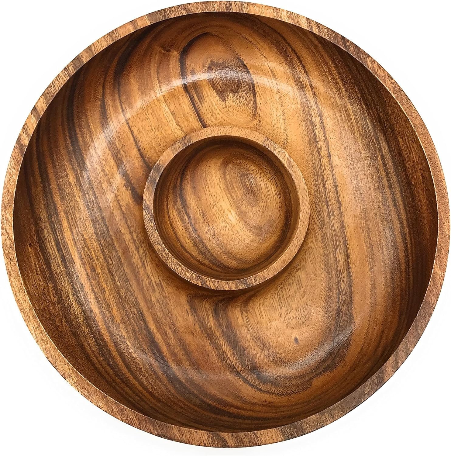 Handcracfted Acacia Wood Chip and Dip Specialty Salsa Bowl Plate Tray 10′ D x 1.5″ Thick