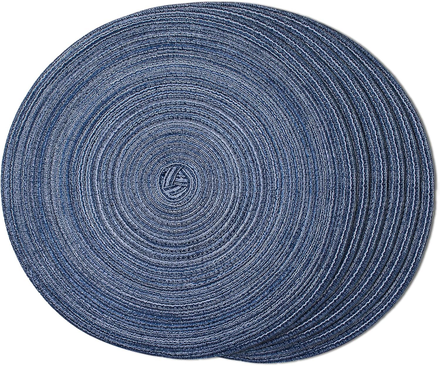 FunWheat Round Braided Placemats Set of 6 Place mats for Dining Tables Woven Heat Resistant Table Mats 15 inch (Blue)