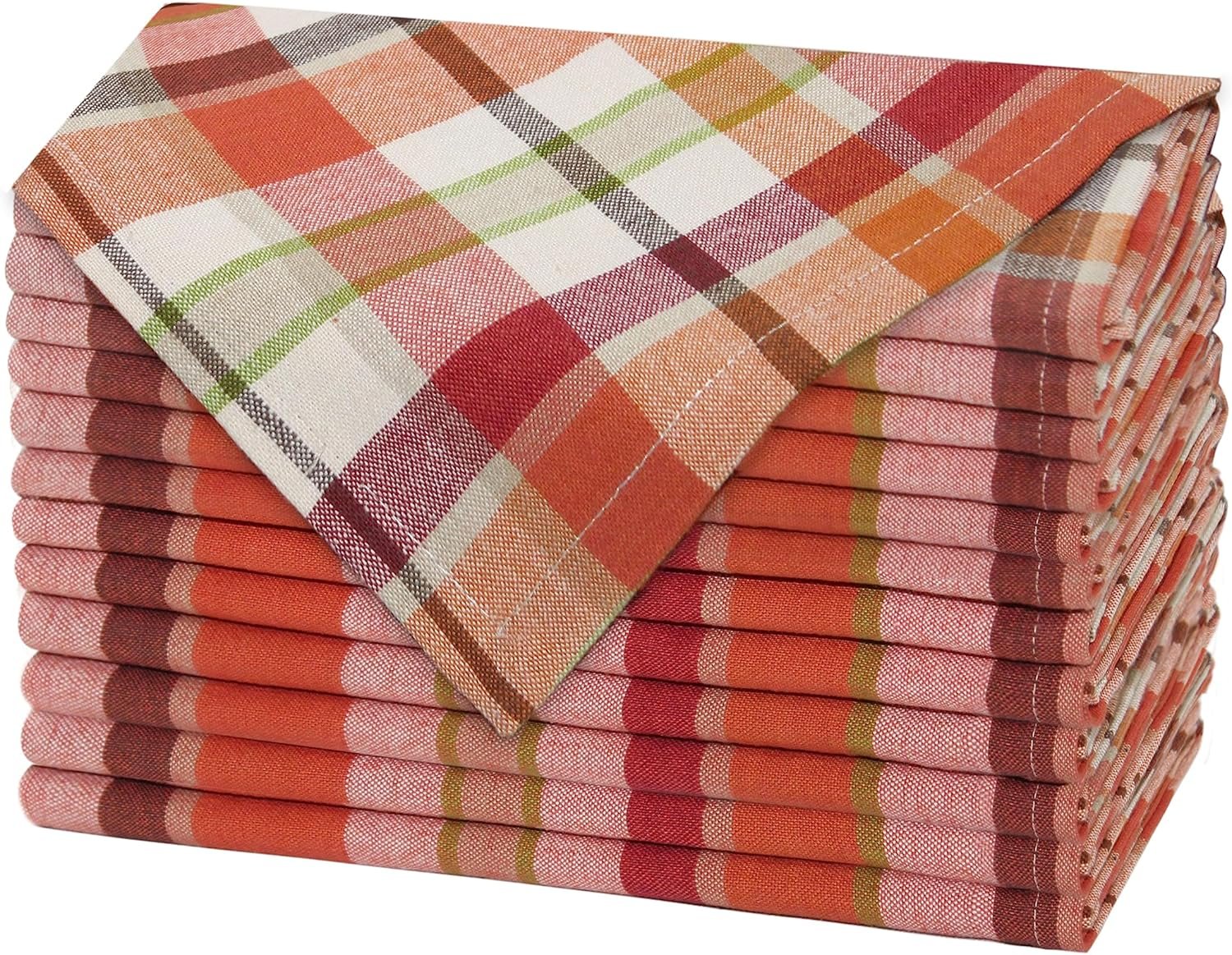 COTTON CRAFT Harvest Plaid Cloth Napkin – Set of 12 Pure Cotton Dinner Napkins – Everyday Fall Halloween Thanksgiving Holiday Party Table Napkin Gift – Reusable Napkin – 17×17 – Rust Orange Multi