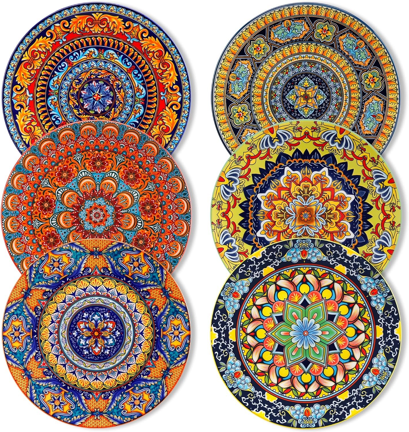vancasso Colorful Dinner Plates Set of 6, 10.5 Inch Ceramic Kitchen Plates for Dinner, Bohemian Printed Dishes for Dining, Microwave & Dishwasher Safe Plate Set, Series KRVI