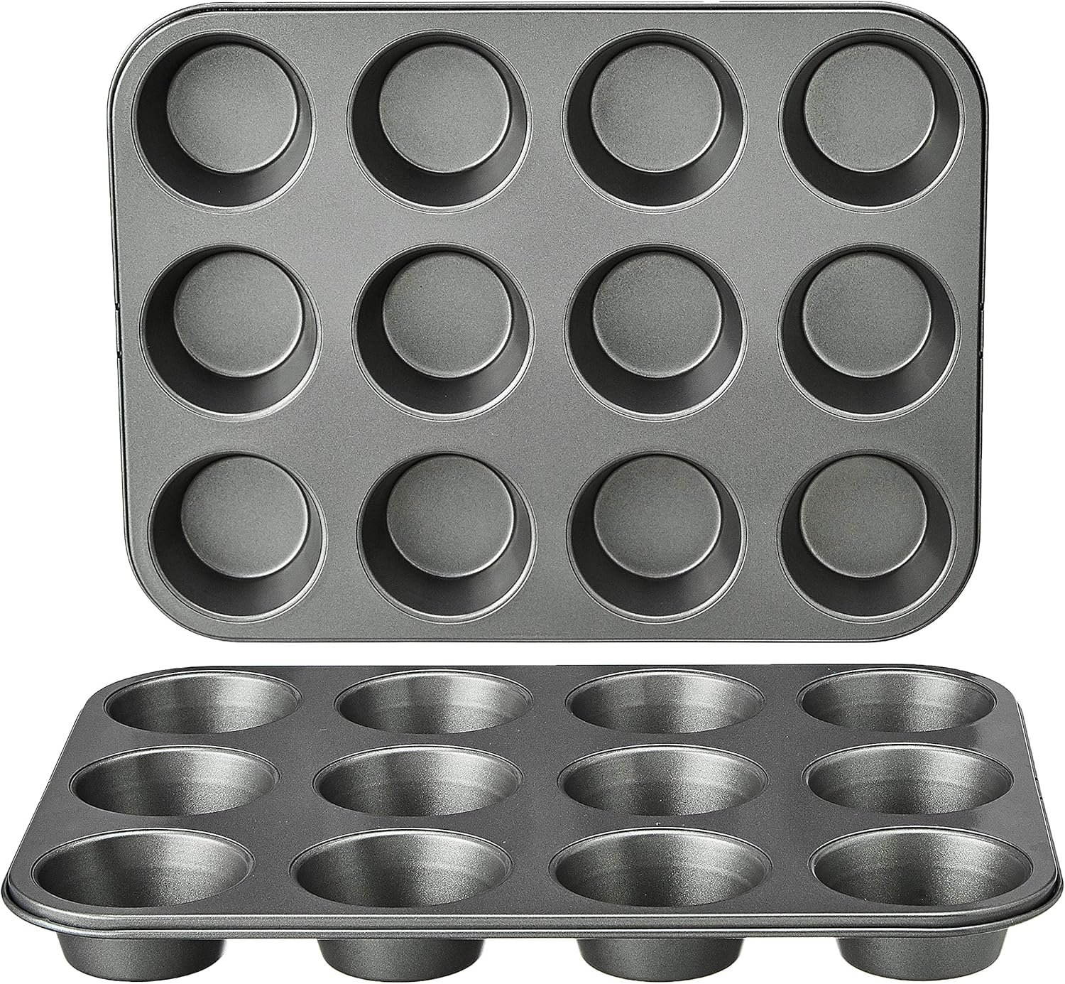 Amazon Basics Nonstick Muffin Pan, Set of 2, Sturdy, Oven Safe, Bakes Evenly, Easy to Clean, 12 Cups, Gray, 13.9×10.55×1.22″