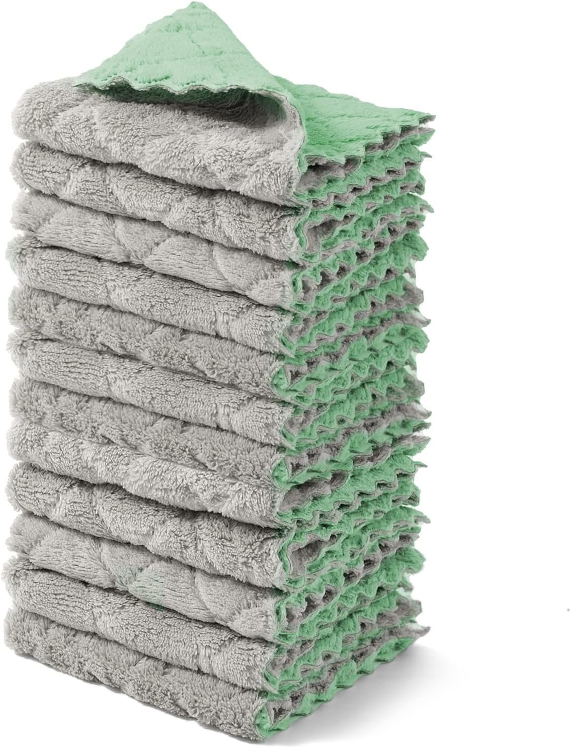 kimteny 12 Pack Dish Towels, 10×10 in Premium Dish Cloths, Super Absorbent Kitchen Towels Coral Velvet Dishcloths Nonstick Oil Fast Drying Washcloths (Green-Grey)