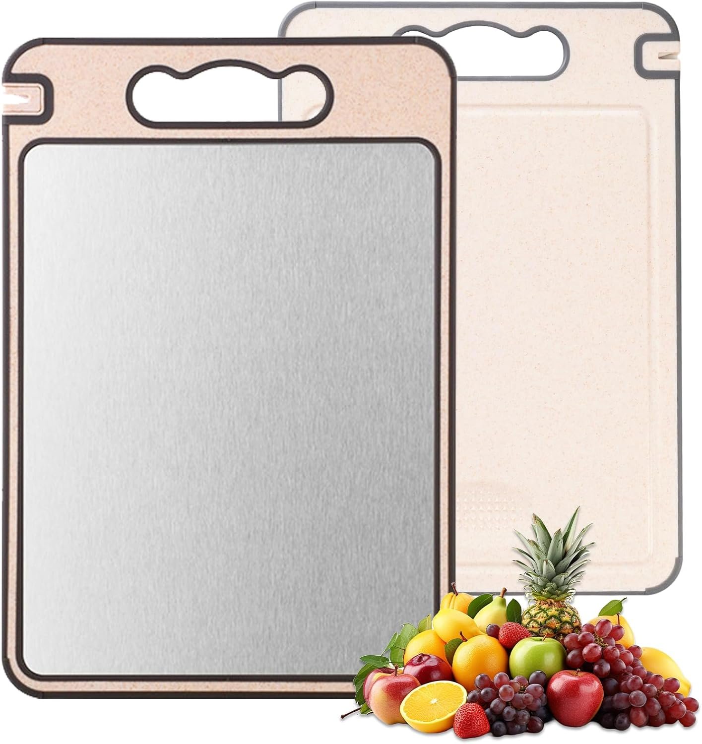 2-IN-1 Titanium Cutting Board for Kitchen Pure Titanium and Wheat Straw PP，Odor Resistant & Easy to Clean15.8×10.6 Inch, (Beige Titanium)