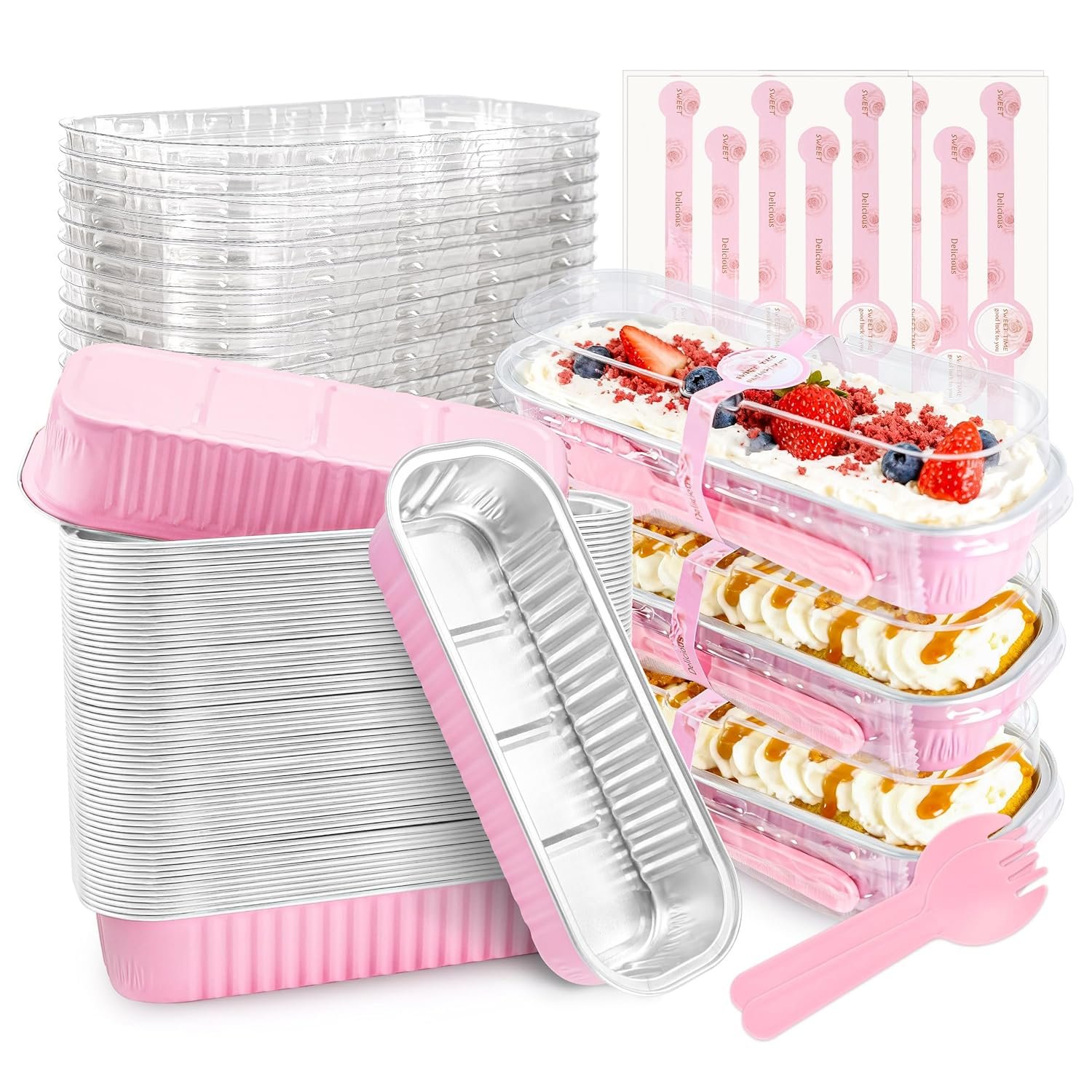 NPLUX 50 PACK Mini Cake Pans with Lids and Spoons,Rectangular Aluminum Foil Bread Pan,Mini Loaf Pans and Food Containers with Lids(Pink,6.8oz)