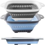 Collapsible Colander Set, Square Round Triangles Silicone Kitchen Strainer Perfect for Draining Pasta Vegetable fruit 2 PCS (10.8″L x 8.6″W x 2″H, Blue & Gray)