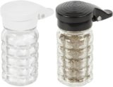 Tablecraft Moisture Proof Salt & Pepper Shakers – 1.5 Oz – Glass w/Black & White Lids Spring Loaded, No Clog, Set of 2