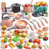 130Pcs Kitchen Playset, Toddler Pretend Cooking Play Pots, Pans, Utensils Cookware, Daily Food Fruit Veges, Shopping Storage Basket, Dessert, Prop Money, Learning Gift for Child (Pink)